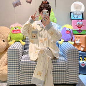 Spring Autumn Long Sleeve Womens Sleepwear Set with Chest Pad Cute Cartoon Bear Design Comfortable Home Clothes Ensemble