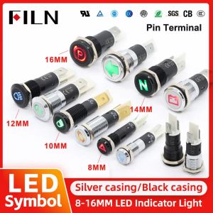 FILN 8/10/12/14/16mm 12V 24V Black Metal Indicator Dash Pilot Light Car Dashboard Ruck Machinery Symbol LED Indicator Light