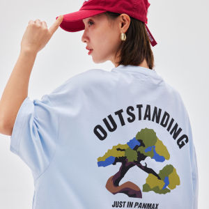 PANMAX Trendy Large Size Mens T-shirt Towel Embroidery Tree Print Round Neck Short Sleeve Breathable Cotton Summer Top