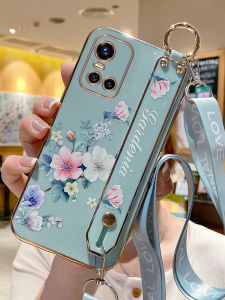 VivoS10E S10Pro 5G Silicone Case Full Cover Anti-Fall Soft Phone Shell with Lanyard Electroplated Edge Floral Design for Women