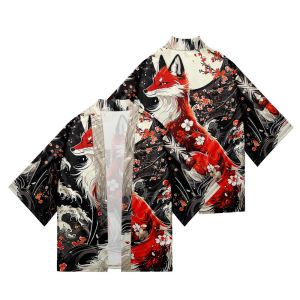 Japanese Anime Sakura Fox Print Kimono 2025 Streetwear Cardigan Women Men Harajuku Haori Cosplay Top Shirts Yukata Asian Clothes