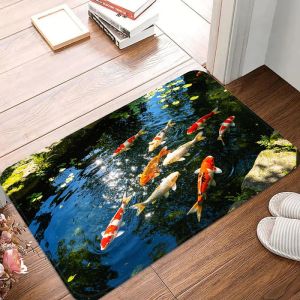 VIKAMA 3D Koi Cave Water Scene Thảm Chùi Chân Chống Trơn Trượt Thấm Nước Có Thể Giặt Được Thảm Trải Sàn Phong Cách Hiện Đại Trang Trí Nhà Cửa Polyester