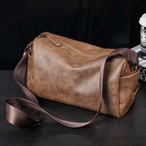 2025 New Korean Style Mens Crossbody Bag Casual Leather Shoulder Bag Trendy round Tube Bag Soft Surface PU Material