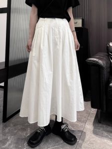 Dark Style High Waist Midi White Pleated A-Line Skirt Womens Design Sensation Niche Summer Autumn Slimming Cotton Blend Skirt