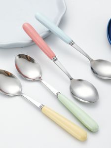 Thickened Stainless Steel Spoon Maca Caron Ceramic Handle Kids Tableware Spoon Meal Spoon For Home Good-looking Spoon Fork