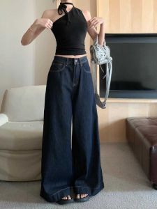 Deep Blue High Waist Wide Leg Jeans Womens Spring Autumn New Style Loose Slim Straight Floor-Length Trousers