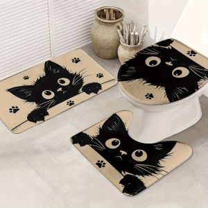VIKAMA Cartoon Peekaboo Black Cat Pattern 3PCS Bathroom Mat Kit Washable U-Shaped Toilet Lid Cover Rug Set