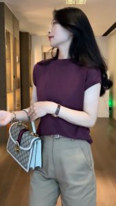 Áo Phông Cộc Tay Dệt Kim Lụa Bóng Màu Trơn Mùa Hè Áo Kiểu Mỏng Cổ Tròn Áo Mặc Trong Cảm Giác Thiết Kế Tôn Dáng Gầy Ôm Dáng Nữ