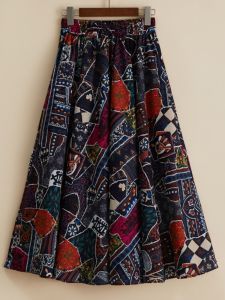 High Waist A-Line Midi Skirt Floral Print Cotton Linen Spring Summer Vintage Umbrella Skirt Loose Waist Half Body Skirt