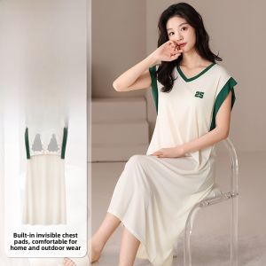 Miiow | Cat Woman Threaded Nightgown Summer New Style 2025 Ice Silk Seamless Soft Skin-friendly Home Clothes Sleepwear With Chest Pad