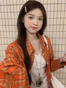 Áo Sơ Mi Kẻ Caro Màu Cam Rộng Rãi Cho Nữ Áo Khoác Ngoài Cổ Polo Áo Khoác Ngoài Thường Ngày Áo Khoác Ngoài Mùa Thu