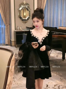 Syj Shuyijia Velvet V-neck Dress Womens High-end Heavy Embellished Diamond Dress French Style Name Lady Casual Commute