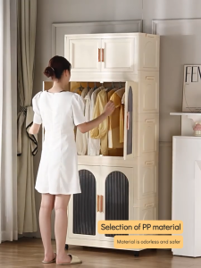 Adult/Children Wardrobe Double Open Doors Moveable Folding Stackable Cabinet Multipurpose Storage Cupboard With Wheels