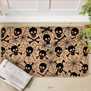 Thảm Chào Mừng Halloween VIKAMA Hình Bộ Xương Dơi Đen Mạng Nhện Ma Quái Thiết Kế Chống Trơn Thảm Trải Sàn Cửa Ra Vào Trang Trí Ma Quái