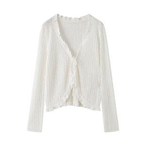 Light Oxygen Breathable Bamboo Texture Wood Ear Trim Thin Knit Cardigan