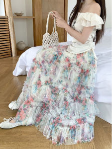 High Waist Asymmetrical Print Beaded Full Skirt Womens Summer 2025 New Style Large Flounce Mesh Slimming Gentle Long Skirt