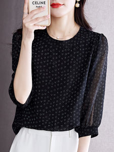 Fashionable Chiffon Shirt Womens Summer New Style Short Sleeve round Neck Print Blouse Korean Version Loose Fit Printed Shirt