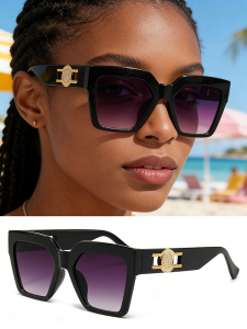 Womens Oversized Square Sunglasses 2026 Trending Black Thick Frame Gradient Purple Lenses Gold Sun Emblem Luxury Inspired UV400