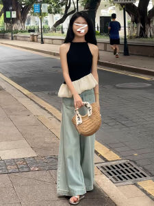 Unique Chic Neck Tie Sling Top Womens Summer Outdoor French Style Black Flower Lotus Leaf Edge Sleeveless Top Grass Wooden Clothes