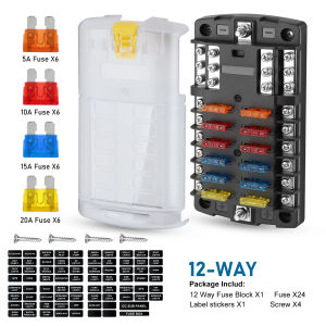 6/12 Way Car Boat Blade Fuse Box Block Holder LED Indicator 12V 32V Auto Marine Waterproof Power Distribution Panel Board