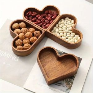 Creative Heart Shape Dessert Storage Box Solid Wood Candy Tray Natural Walnut Serving Platter Stackable Nut Bowl for Snacks