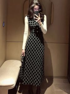 SHANGSHA | Elegant Dress High-fashion Ladylike Black Waist Accentuated Vest Style Dress