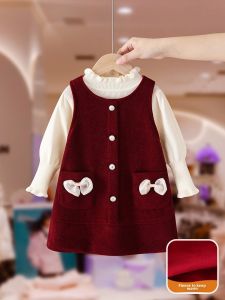 Princess Style Fleece Lined Girls Dress Set New Year Celebration Clothes Baby One Year Old Ceremony Dress Winter Children Outfit