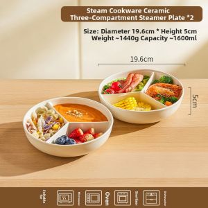 Dietary Health Ceramic Triple Compartment Steamer Plate for Electric Cookers