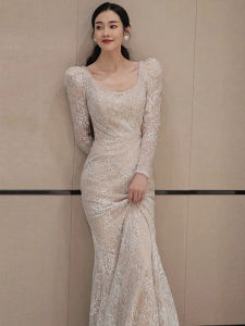 French Light Wedding Dress Bride Fancy Retro Mori Style Lace Welcome Wedding Veil Super Fairy Long Sleeves Fishtail Dress