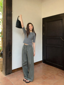 NIHAOKANONG | Quần Rộng Đùi Có Dây Đai và Dây Thun Tại eo