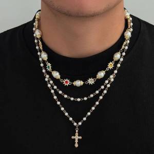 Ingemark 2Pcs/Set Boho Exquisite Imitation Pearl Rhinestone Choker Necklace Trend Gold Color Cross Pendant Necklace Jewelry