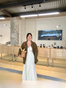 Lin Daixiao พลัสไซส์ วันหยุดชายหาด เดรส พรางหุ่น ยาว ชุดราตรี คอกลมสูง เอว แขนฟอง ไม่มีสาย ทรงเอ เดรส สําหรับ พลัสไซส์ ผู้หญิง