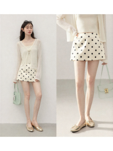 Cantonstory | Korean Style Apricot Dots High Waist A-line Skirt Shorts Slim and Hip-flattering