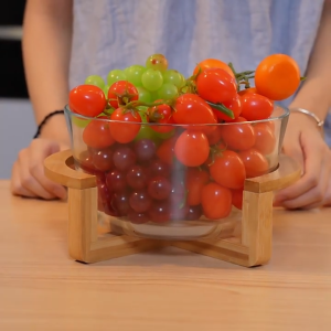 Glass Salad Bowl With Bamboo Wood Base Clear Borosilicate Glass Trifle Multifunctional Fruit Bowl