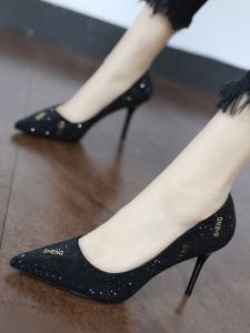 เรียบหรู รองเท้าส้นสูงหัวแหลม ผู้หญิง นุ่ม หนัง สีดำ Professional สไตล์ฝรั่งเศส Rhinestone เงาของแท้ หนัง รองเท้า