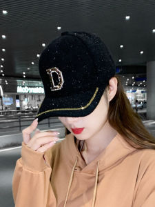 หมวกเบสบอลผ้าฝ้ายผสมสำหรับผู้หญิง ฤดูใบไม้ผลิ ฤดูใบไม้ร่วง ฤดูหนาว หมวกหนีบทรงปากเป็ดหนา ด้านหน้ามีคริสตัล แบรนด์เกาหลี แฟชั่นอเนกประสงค์