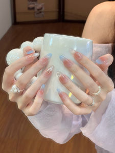 Ice Blue Gradient Cat Eye Nail Strips Summer Beauty Nail Wearable False Nails Atmosphere Sensation Blush Transparent Nude Color