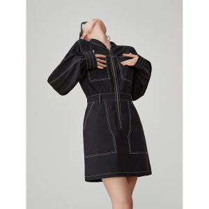 Black Workwear Style Casual Loose Womens Dress Spring New Fashion Slimming Skirt H-Line Long Sleeve round Neck Zipper Closure
