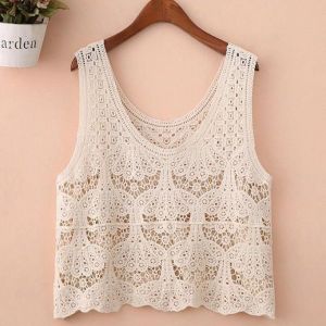 Summer Cut Out Crocheted Sleeveless Camisole Womens Artsy Retro Loose Outer Wear Vest Spring & Fall Thin Thin Thin