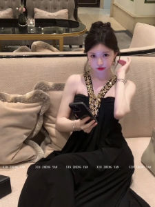 XZY Elegant Heavy Embellished Neckline Long Dress Womens Name Lady Personality Large Size A-Line Skirt Korean Style Commute