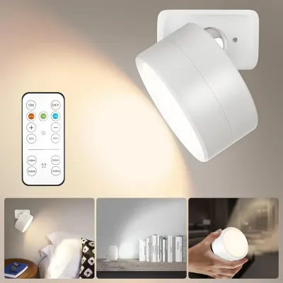 Magnetic 360° Rotation Wall Lamp Rechargeable Dimmable LED Light w/ Remote3 Colors Eye-care Lamp for Bedroom Reading Corridor
