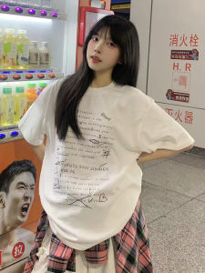 Áo Thun Cotton Tay Ngắn Dáng Rộng Phong Cách Mỹ Thường Ngày Mùa Hè Cho Nữ Áo Thun Nam Tay Lửng Màu Kem Sữa in Chữ