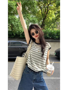 YUEZHONGWEI | French Style Ice Silk Knitted Short Sleeve T-Shirt Women Summer Slim Fit Back Drawstring Tie Top Color Block Striped Design