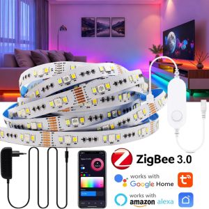 Zigbee 3.0 12V RGBCCT LED Strip Light RGB CW WW 1m-5m Flexible Dimmable Lights 90leds/m Smart Life Home Decora for Alexa Google