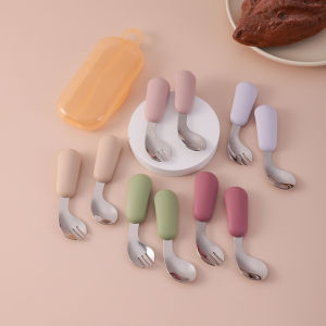 2PCS Food Grade Silicone Baby Feeding Set Stainless Steel Spoon Fork BPA Free Toddler Utensils Non Slip Grip Children Tableware
