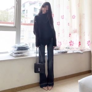 Low Waist Bell Bottom Jeans Deep Blue Womens Spring Autumn New Style High Waist Trousers Casual Loose Fit Denim Pants