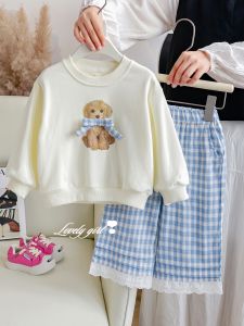 Cute Cartoon Pattern Childrens Sweatshirt Suit With Grid Hem Long Pants 2 Pieces