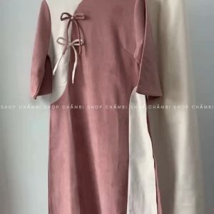 Set áo dài cách tân nữ S.176 Set áo dài cách tân nữ phối 2 màu cổ tàu tay lửng dáng rộng có 2 nơ ngực - Shop Chấm Bi