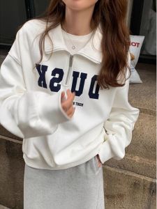 American Retro Polo Collar Zipper Sweatshirt Female Fall and Winter Fleece-lined Thick Loose Slim Looking Oversize Jacket