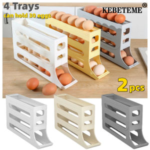 KEBETEME Eggs Dispenser Tray 4 Tier Refrigerator Egg Storage Box Automatic Scrolling Egg Rack Large Capacity Egg Basket Container Organizer